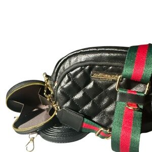 Black Pebbled Leather Jones of New York Crossbody Bag With Green & Red Strap
